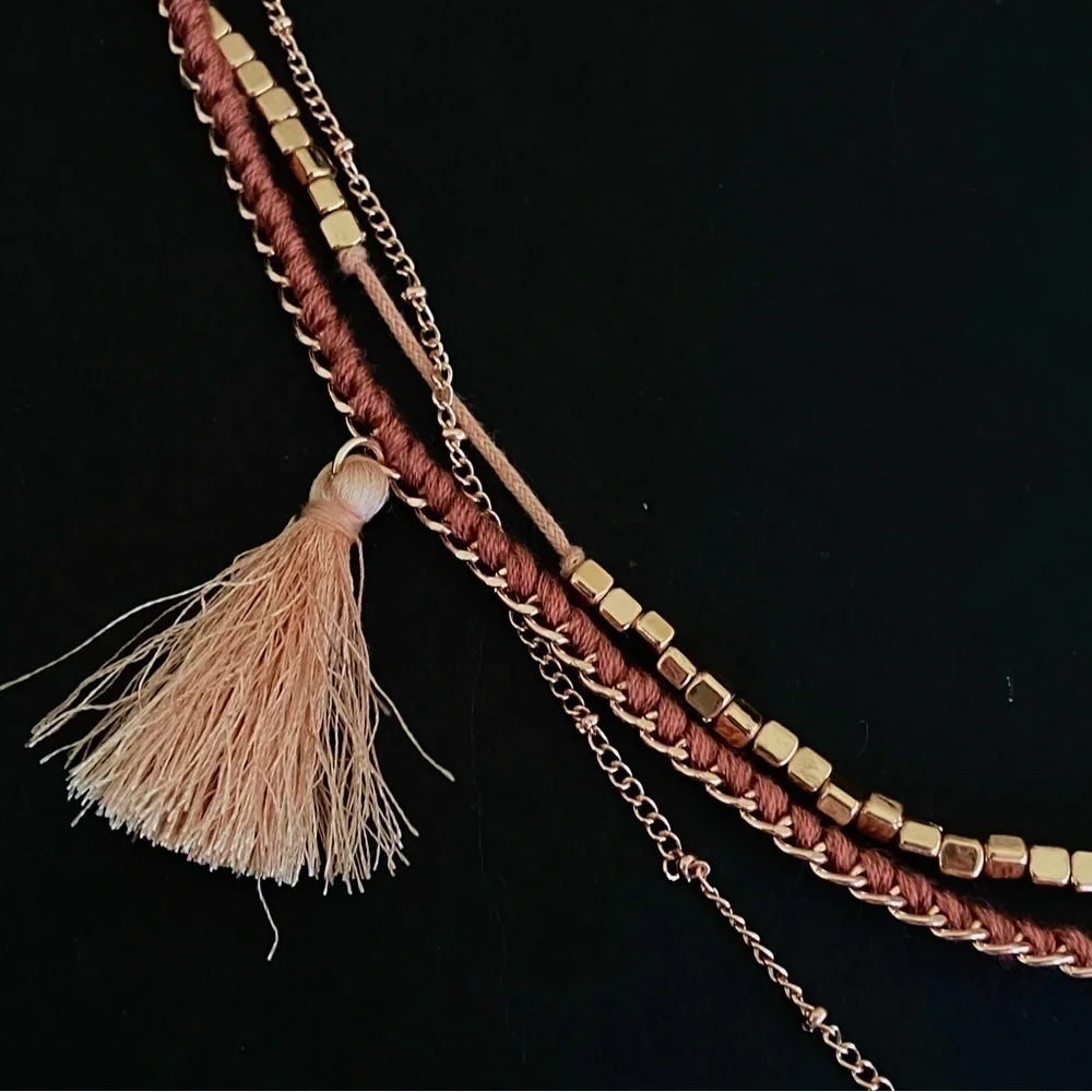 Tasseled Tassel Beaded Statement Multi Layer Boho Necklace in Rose Gold